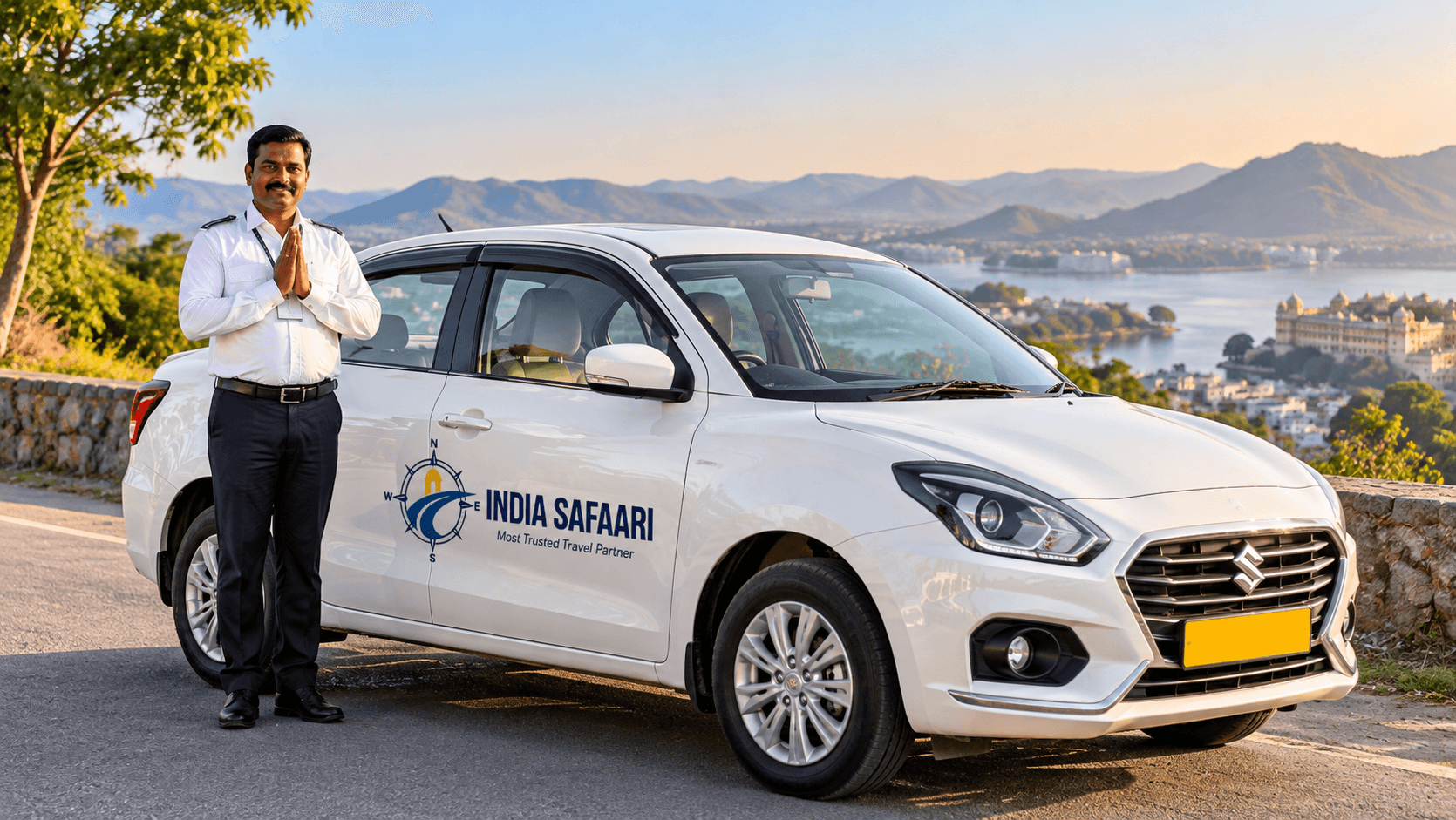 Professional Indian driver with comfortable white sedan